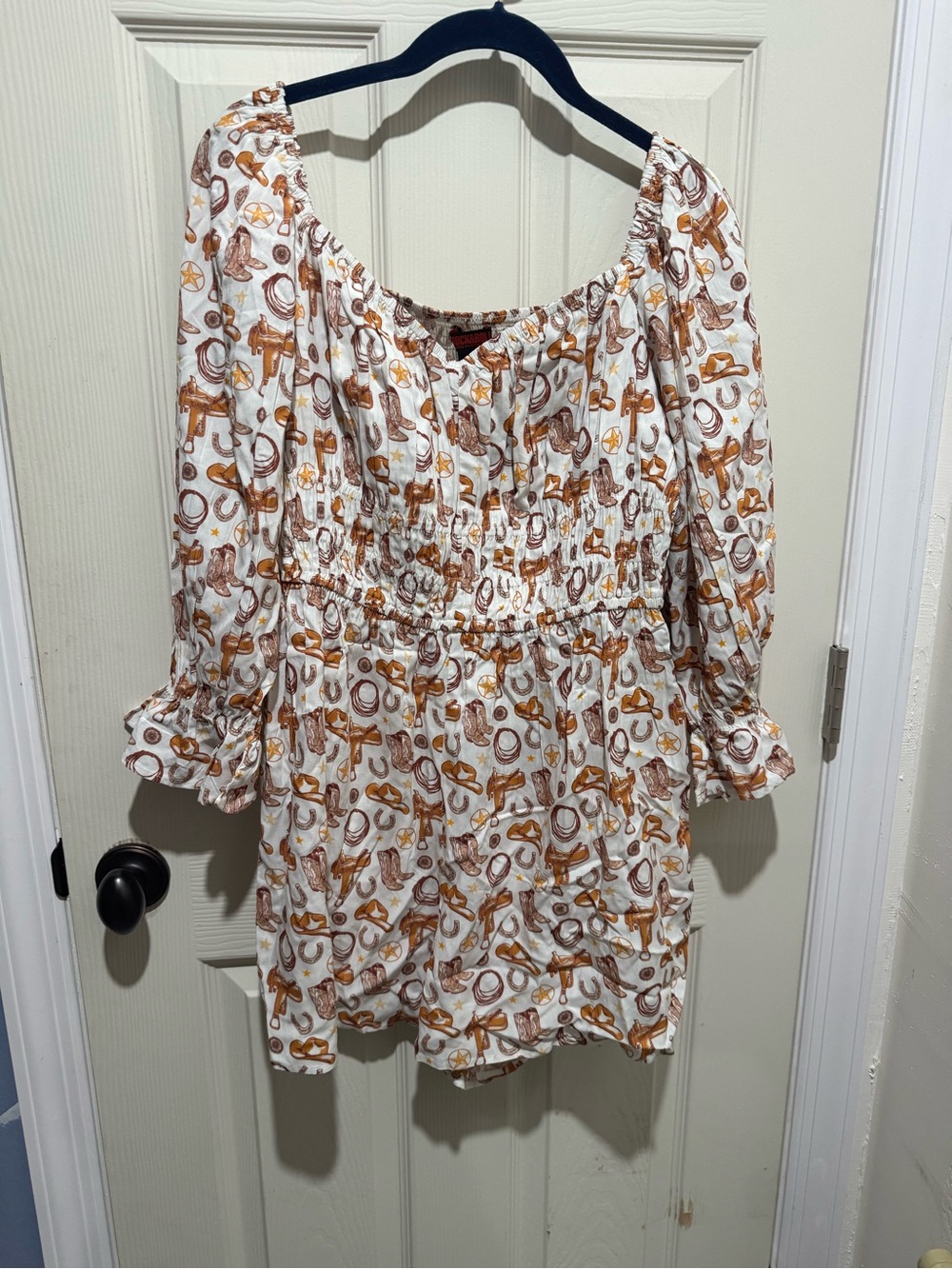 Rock & Roll Denim Conversational Print Romper Western Cowboy NWT M